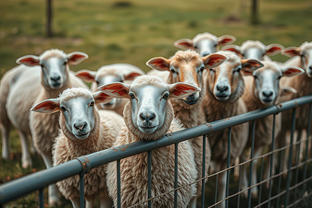 Flock of sheep in a meadow at sunset, selective focusの素材