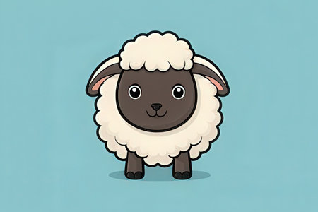 Cute cartoon sheep on a blue background. Vector illustration of a sheep.の素材