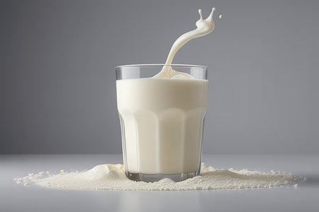 Milk splash in a glass on gray background. 3d renderingの素材