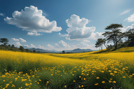 Yellow flower field with blue sky and white clouds, Nature background.の素材
