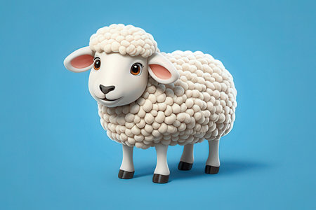 3d rendered illustration of a sheep cartoon character isolated on blue backgroundの素材