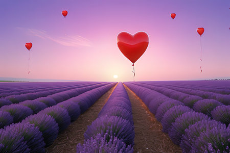 Lavender field with heart shaped balloons at sunset, 3d renderの素材