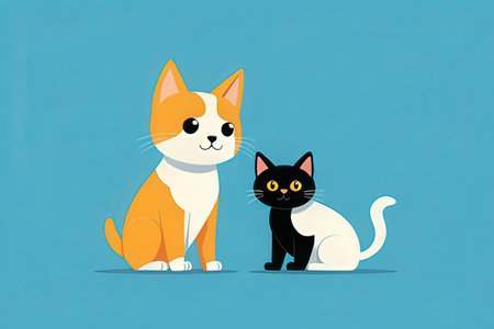 Cute cartoon cat and dog on blue background. Vector illustration.の素材