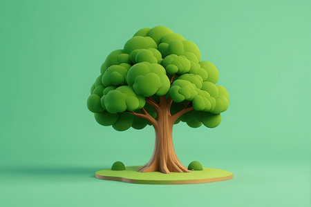 3d rendering of green tree on green background. Minimal style.の素材
