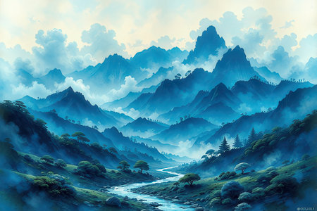 Digital painting of a mountain landscape with a river in the foreground.のeditorial素材