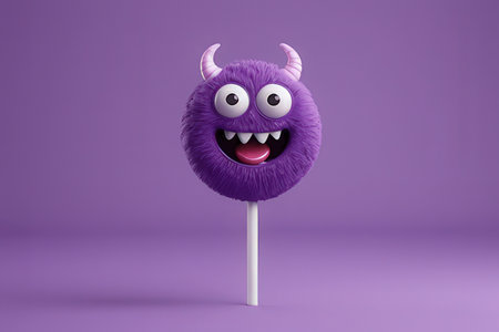 Funny monster lollipop on purple background. 3D Renderingの素材