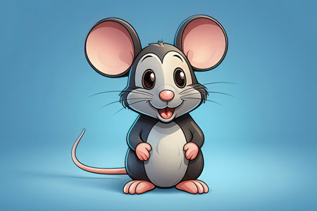Illustration of a cute mouse sitting on a blue background with copy spaceの素材