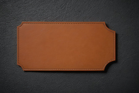Brown leather label on black slate background. Top view with copy space