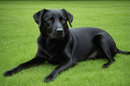 Black Labrador Retriever lying on the green grass in the gardenの写真素材