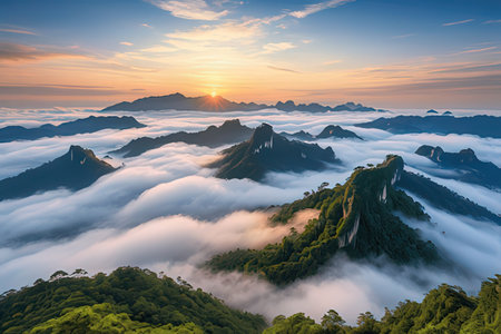 Mountain landscape with mist at sunrise in Huangshan, Chinaの写真素材