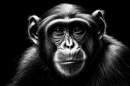Portrait of a chimpanzee. Monochrome. Black and white.の写真素材