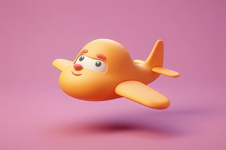 3d illustration of a cute cartoon airplane on a pink background.の写真素材
