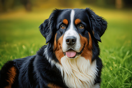 Bernese mountain dog sitting on green grass in park and looking at camera
