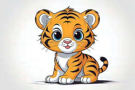Cute cartoon tiger sitting on white background. Vector illustration for your designの写真素材