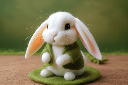 Easter bunny with green cloth on green background. Easter concept.の写真素材