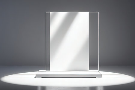 Empty glass showcase in gray room with sunlight. Mock up, 3D Rendering