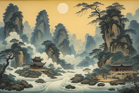 Fantasy landscape with ancient pagoda in the forest and mountains - illustration for childrenのeditorial素材