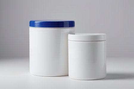 Mockup of a white plastic jar with a blue lid on a white background