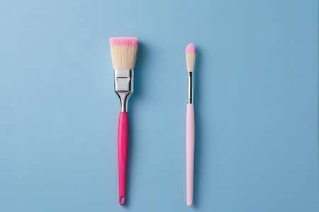 pink and white paint brushes on a blue background, top viewの写真素材