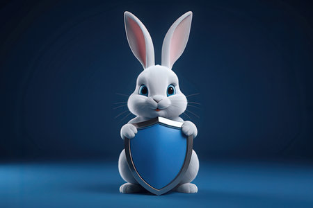 Easter bunny with shield and blue background. 3D rendering.の写真素材