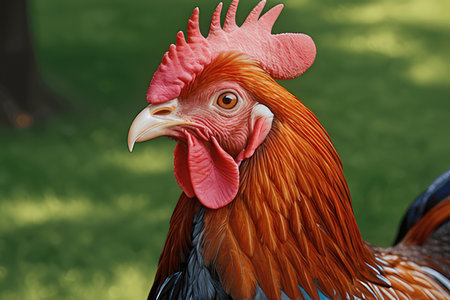 Beautiful rooster on green grass background. Close-up.