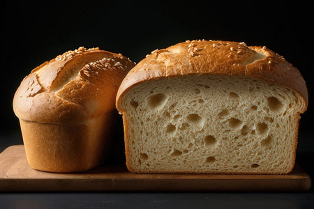 Fresh bread on wooden board on black background, close-up.の写真素材