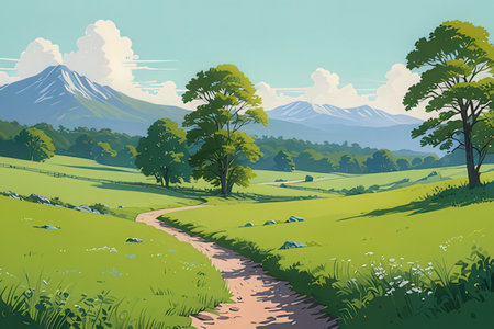 Illustration of a path through the meadow with trees and mountains