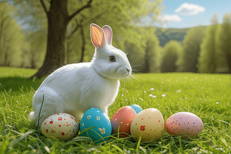 Easter bunny and colorful eggs on green grass. Easter background.