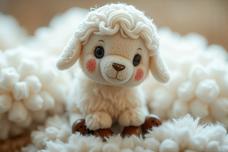 Soft toy sheep on wooden background. Soft focus. Vintage style.の写真素材