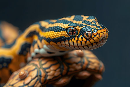 Close up of a yellow and black snake statue on a black background
