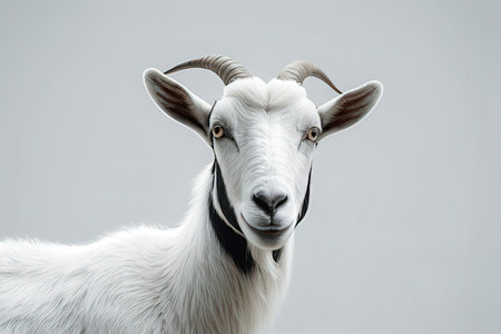 Portrait of a white goat on a gray background. Close-up.