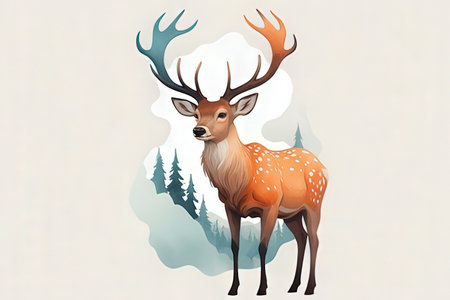 Illustration of a deer with antlers in the forest on a white backgroundの写真素材