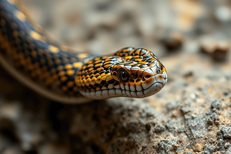 Close-up of the head of a striped snake in nature.の写真素材