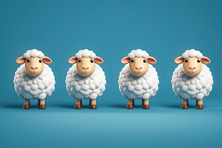 3d rendering of four sheep standing in a row on blue background