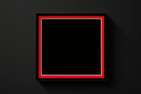 Black and red picture frame on black wall. 3D rendering.
