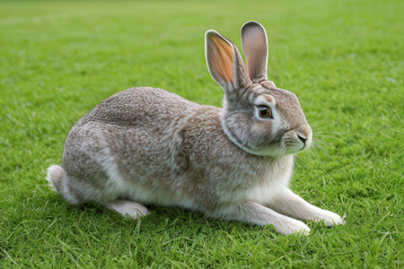 Cute rabbit sitting on green grass in the park. Animal portrait.