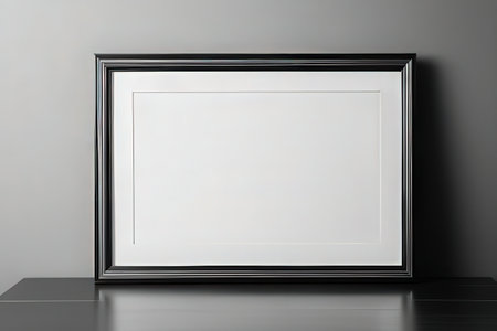 White picture frame on black table against gray wall. Mockup for design