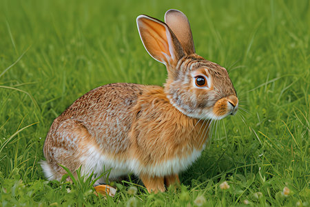 Cute brown hare on green grass. Animal in nature.