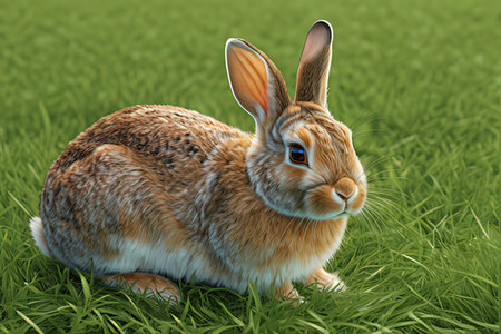 3d rendering of a cute easter bunny sitting in the grass
