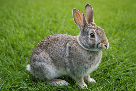 Cute gray rabbit sitting on green grass in summer park, closeup