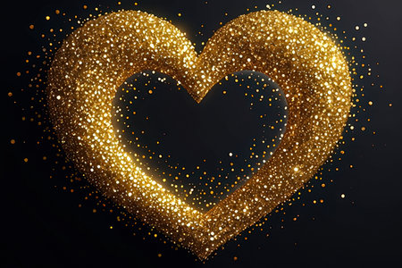 Gold glitter heart on black background. Valentine's day greeting card.の写真素材