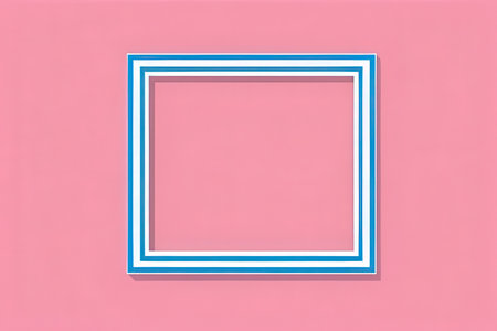 Blue and white frame on pink background. Flat lay, top view.の写真素材