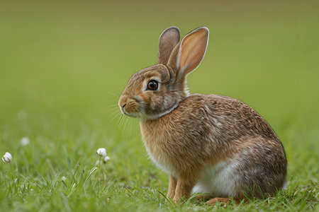 Rabbit on a green meadow with white flowers in the background