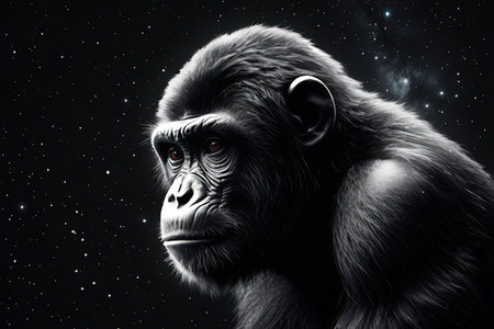 Portrait of a gorilla in a dark space. 3D rendering