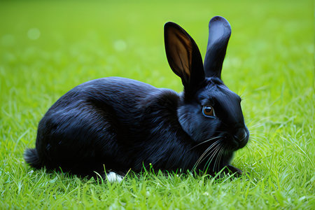 Black rabbit sitting on green grass background, easter day concept.の写真素材