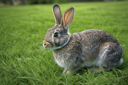 Cute rabbit sitting on green grass, closeup. Easter holidayの写真素材