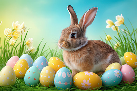 Easter bunny with colorful eggs in green grass and daffodils