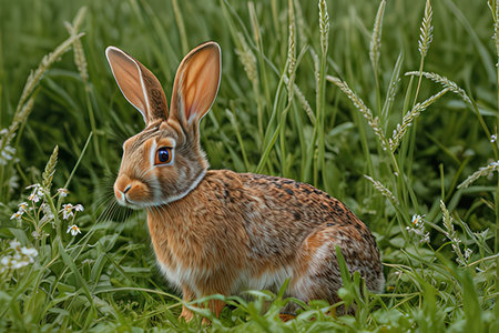 3D rendering of a cute brown hare sitting in the grass