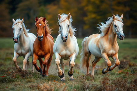 Three white horses run gallop in the autumn field. Beautiful horsesの写真素材