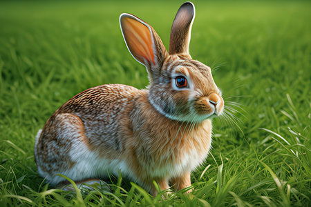 Cute rabbit on green grass background. 3d render illustration.